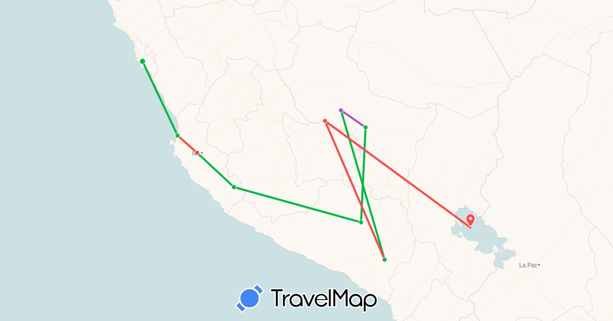 TravelMap itinerary: bus, plane, train, hiking in Peru (South America)