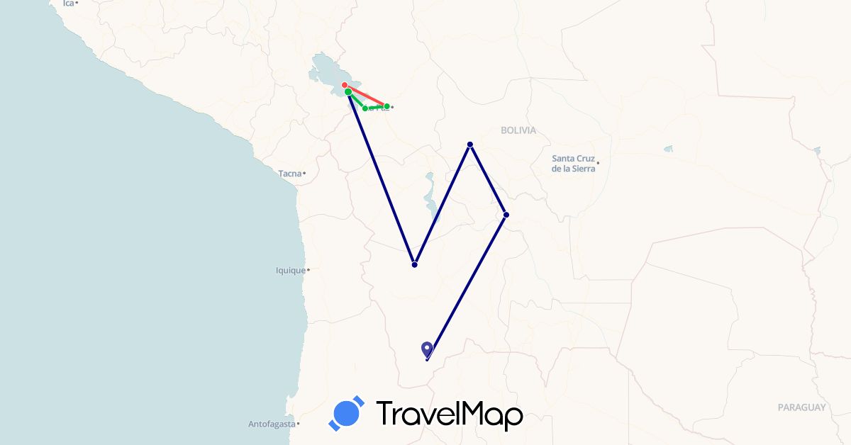 TravelMap itinerary: driving, bus, hiking in Bolivia (South America)